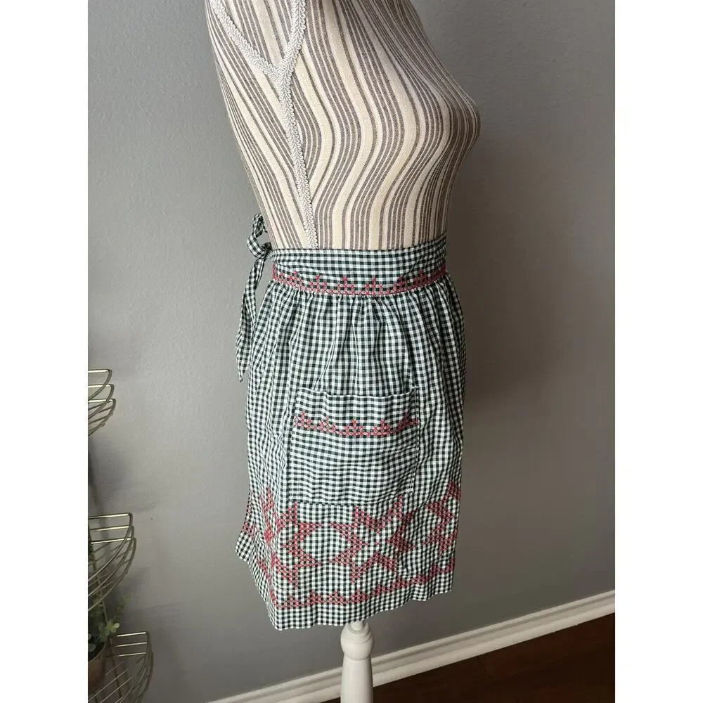 Green Red White Gingham Waist Apron with Red Rickrack and Embroidery Christmas